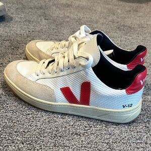 Veja V-12 Sneakers in White and Red with Beige Accents